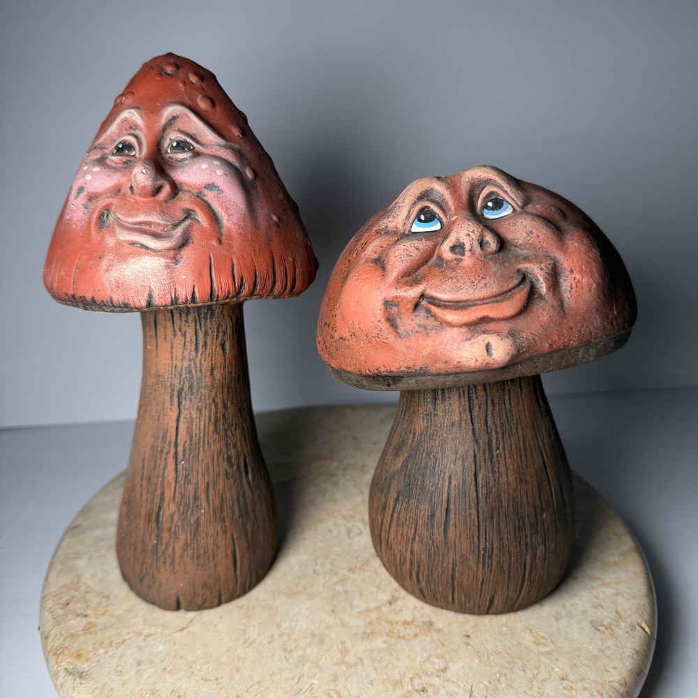 Vintage Face Mushroom Figurines Set of 2 OS Red Brown Whimsical Folk Art Decor